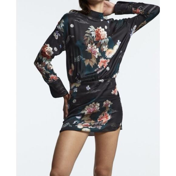 Zara Dress XL Black, The Camila Floral Satin Mini High Mock Neck Long Sleeve - Picture 6 of 9